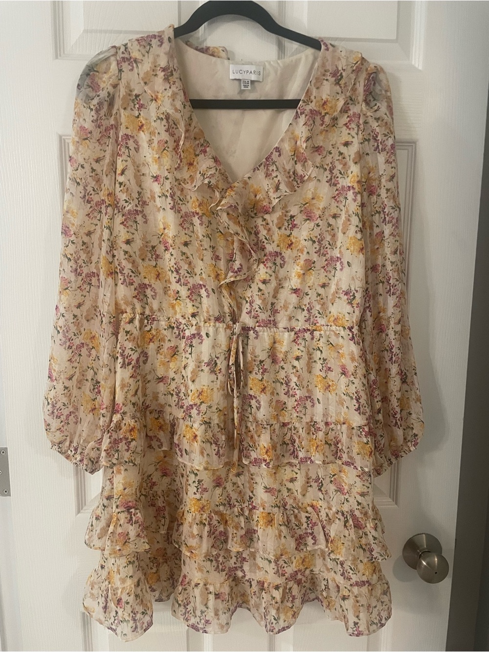 Lucy Paris Cream Floral Ruffle Tiered Long Sleeve Dress